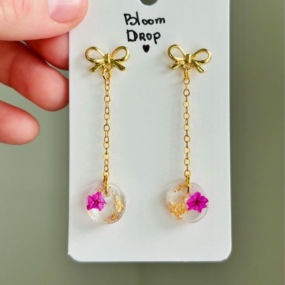 Floral Resin Dangle Earrings with Gold Bows, Pink Flowers and Gold Flakes